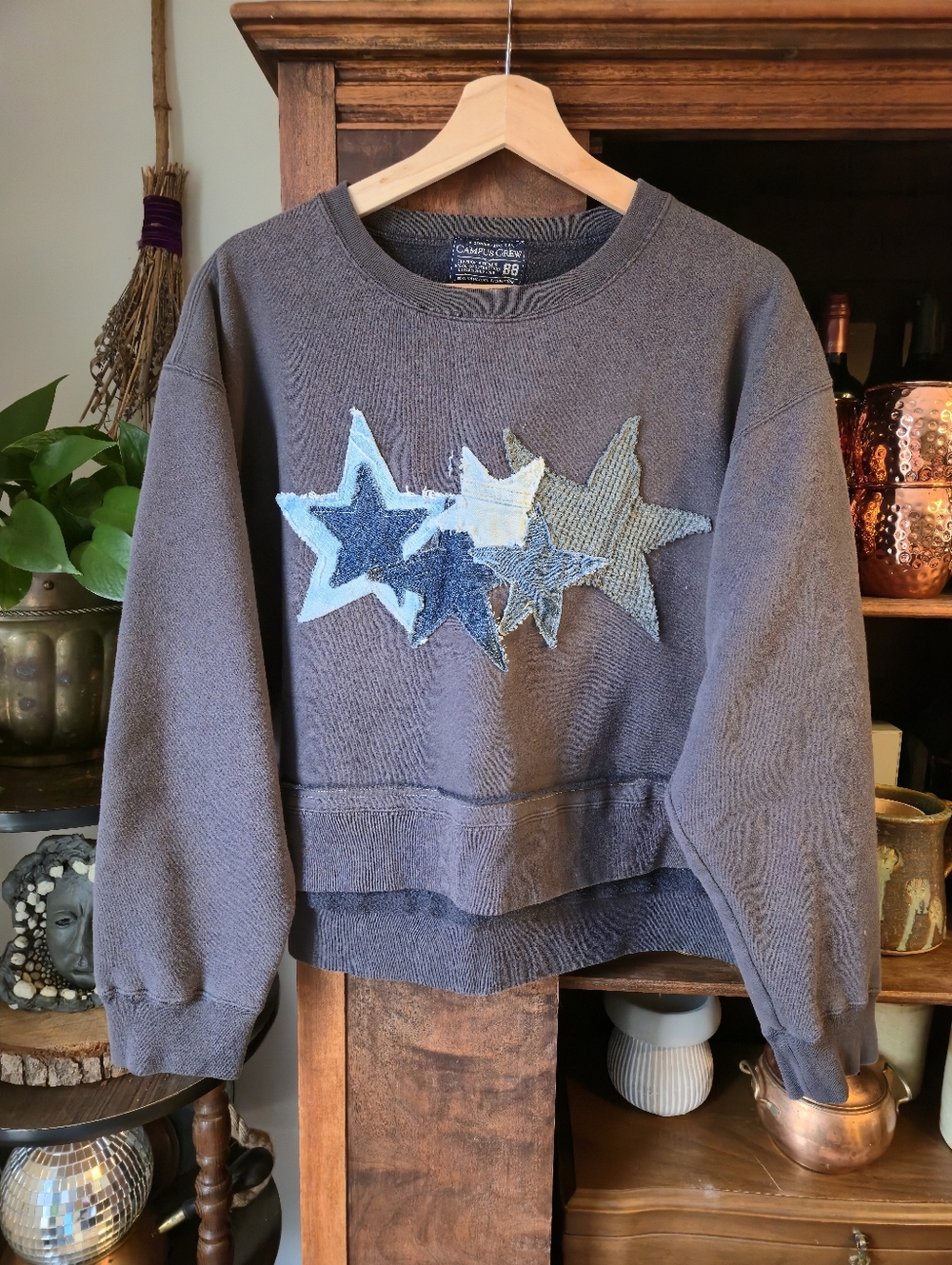UPCYCLED Women’s Navy Star Appliqué Oversized Cropped Crewneck Sweater, Med